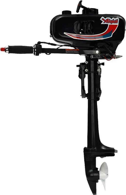 Photo 1 of 2 Stroke Outboard Motor 3.5HP 52CC Gas Powered Boat Motor 0-180° Control Manual Start Heavy Duty Gas Outboard Engine with CDI Water-Cooled System for Fishing, Outdoor Adventure, Water Rescue