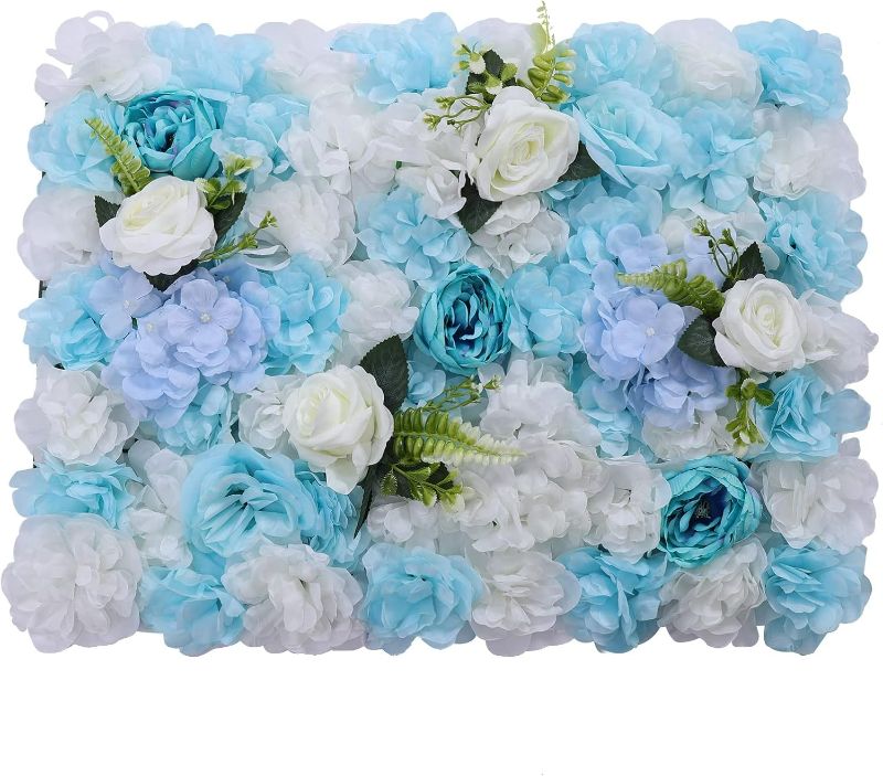 Photo 1 of Artificial Flower Wall Panels, 6 Pcs Rose Peony Flower Leaves Wall Backdrop Fake Flowers Wall Panel for Party Wedding 24" X 16" Light Blue