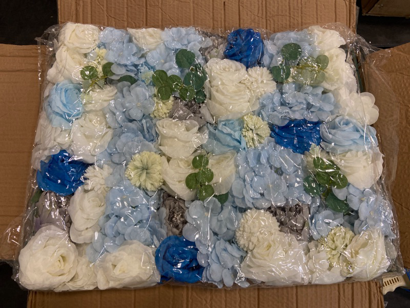 Photo 1 of Artificial Flower Wall Panels, 6 Pcs Rose Peony Flower Leaves Wall Backdrop Fake Flowers Wall Panel for Party Wedding 24" X 16" Light Blue