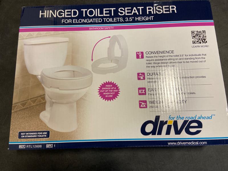 Photo 3 of Drive Medical Hinged Toilet Seat Riser White 3.5 Height for Elongated Toilets Attaches to Toilet Bowl Weight up to 250 Lbs.