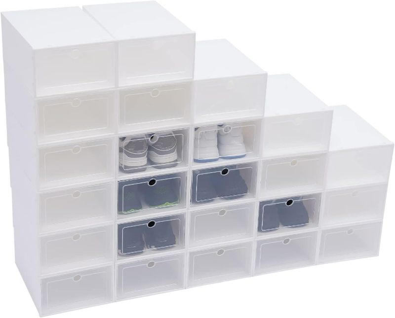 Photo 1 of 24 Pack Shoe Storage Boxes, Clear Plastic Stackable Foldable Shoe Organizer Bins, Drawer Type Front Opening Shoe Sneaker Holder Containers (24Pcs)