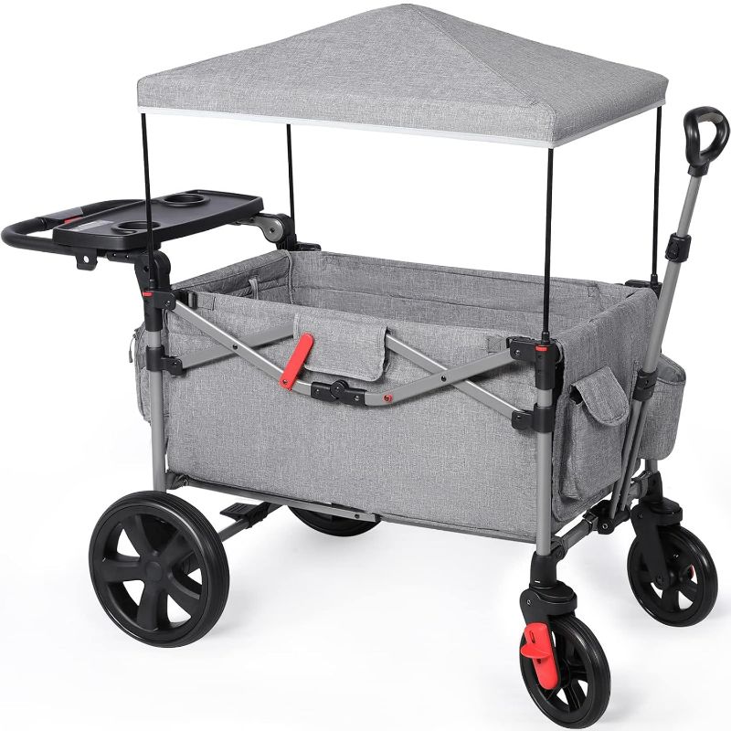 Photo 1 of EVER ADVANCED Foldable Wagons for Two Kids & Cargo, Collapsible Folding Stroller with Adjustable Handle Bar, Removable Canopy with 5-Point Harness Gray