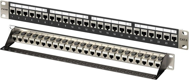 Photo 1 of FGB 1U Patch Panel 24 Port and Cat6 RJ45 Shielded Keystone Coupler, 19" Rackmount or Wall Mount Patch Panel with Back Bar, Network Patch Panel for Gigabit Network Switch