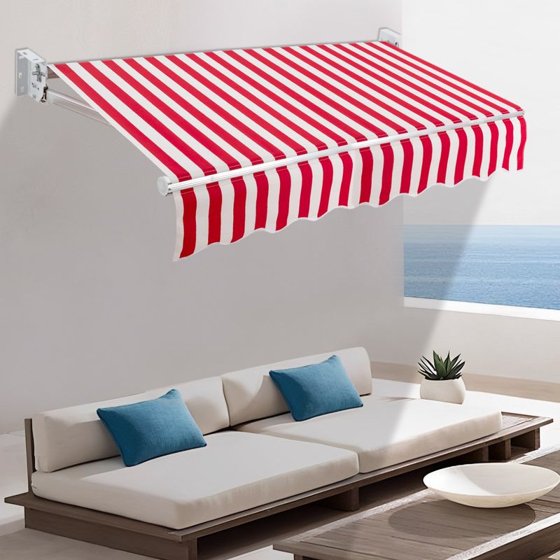 Photo 1 of (Red And White) Manual Outdoor Retractable Awning, 6.5x5 ft Door Window Awning Sunshade Shelter with Crank Handle, Outdoor Sun Shade Wall Mount