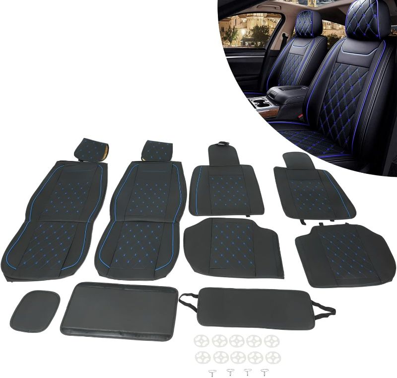 Photo 1 of Car Seat Covers Leather for Silverado Sierra Full Seat Covers Replacement for 2007-2021 1500/2500 HD / 3500 HD Crew Cab, Double Cab and Extended Cab (Black + Blue)