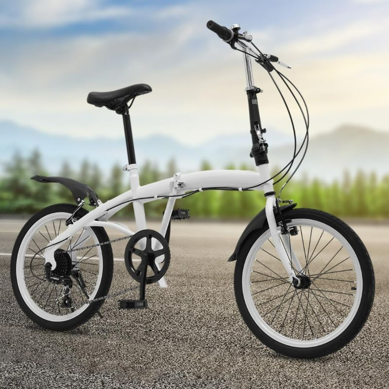 Photo 1 of 28lb Lightweight Adult Teenager Folding Bike with Mudguards,20-Inch Tyres,6-Speed Shifter, Double v-Brake, Adjustable Height, Maximum Load Capacity 200lbs, Gift for Man and Woman, White