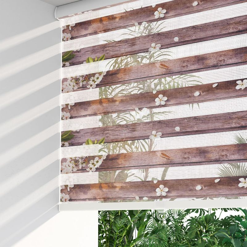 Photo 1 of LazBlinds Cordless Dual Layer Zebra Blinds for Windows, Light Filtering Privacy Roller Shades for Day and Night - Fit for Windows Size 30'' W x 72'' H, Wood with Flowers