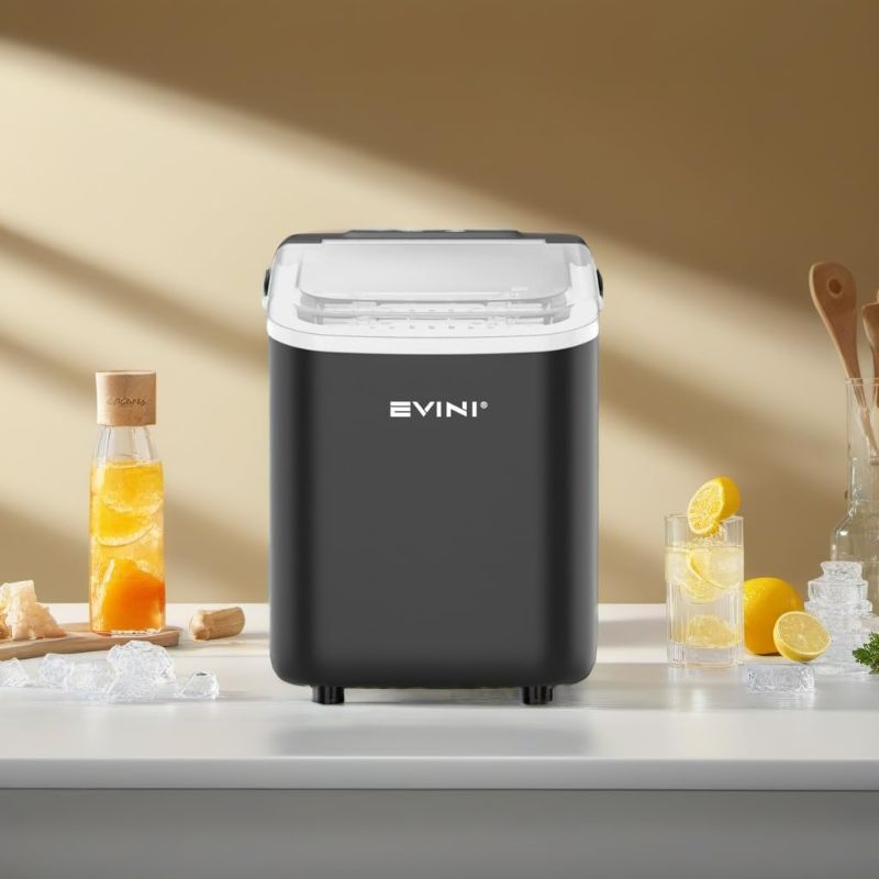 Photo 1 of EVINI Portable Ice Machine with Basket and Scoop, Large and Small Ice Machine Maker,9 Ice Cubes Ready in 6 Mins, for Home/Kitchen/Camping/RV (Black)