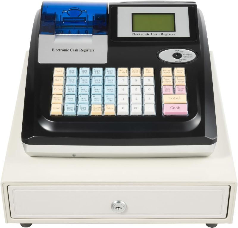 Photo 1 of Cash Register 48 Keys Electronic Cash Register with LCM Screen & LED Display 8 Digital LED Cash Register Commercial Cash Register Printer for Grocery Stores, Convenience Stores (Black)