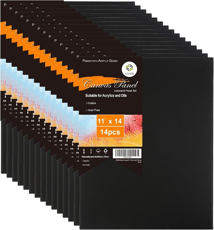 Photo 1 of CONDA Black Canvases for Painting 11x14 inch, Pack of 14,100% Cotton Acid-Free, Canvas Panels, 8 oz Gesso-Primed, Art Boards for Oil & Acrylic Painting