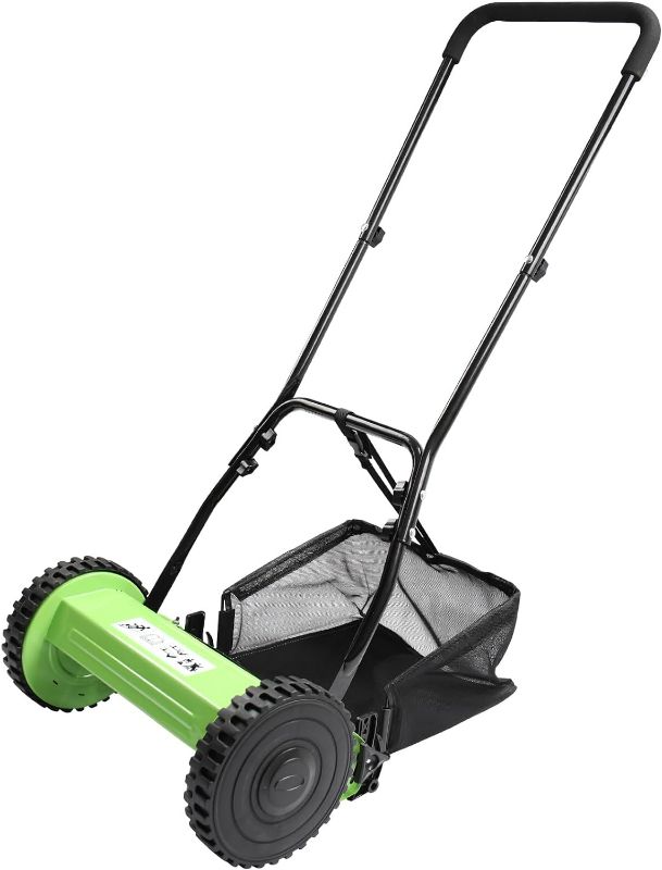 Photo 1 of 14-Inch Push Reel Lawn Mower: Eco-Friendly, Precision Steel Blades, Adjustable Heights & Efficient Grass Catcher, Green