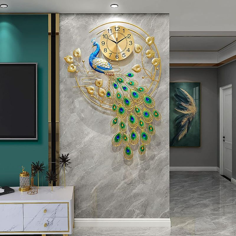 Photo 1 of Large Peacock Wall Clock 36.6 inch Metal Design Non-Ticking Silent Art Digital Wall Clocks for Living Room Decor (Yellow & Green)