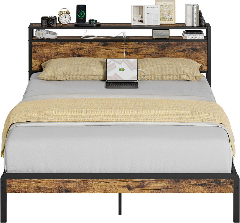 Photo 1 of Queen - IRONCK Bed Frame, Platform Bed with 2-Tier Storage Headboard and Power Outlets, USB Ports Charging Station, Sturdy and No Noise, No Box Spring Needed, Easy Assembly, Queen Size, Vintage Brown