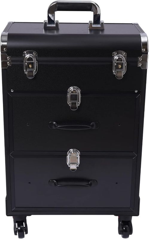 Photo 1 of Rolling Makeup Case, Large Cosmetic Trolley with Locks, Make up Bag with dividers, Cosmetics Storage Organizer for On The Go Makeup/Nail Art/Hair Styling (Black)