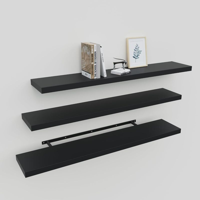 Photo 1 of Floating Shelves for Wall Set of 3, 36" Black Wall Shelves for Home Decor, Frame Display Wall Mounted Black Floating Shelf for Living Room, Bedroom, Bathroom, Kitchen