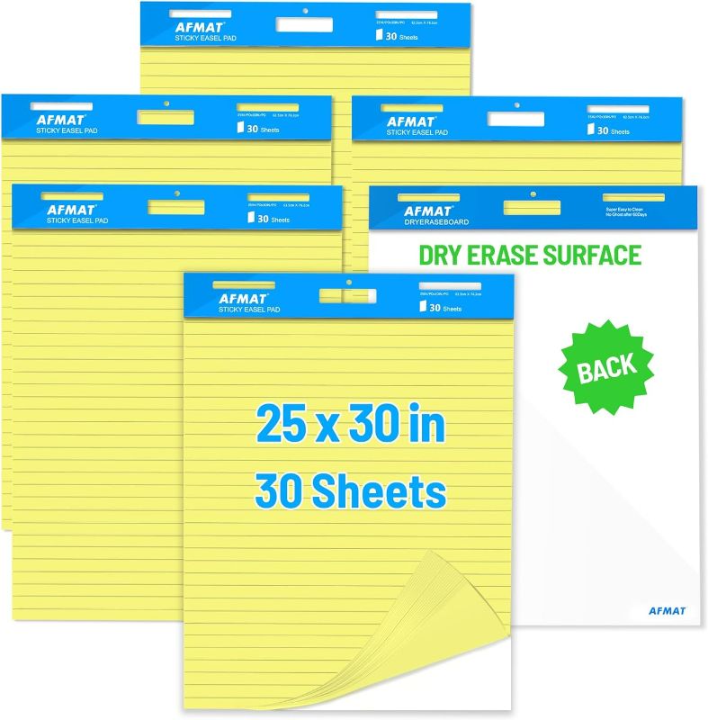 Photo 1 of AFMAT Sticky Easel Pad, 6-Pad Chart Paper for Teachers with Lines, 25 x 30 inches, 30 Sheets/Pad, Super Large Yellow Paper, Ideal for Training, Office...