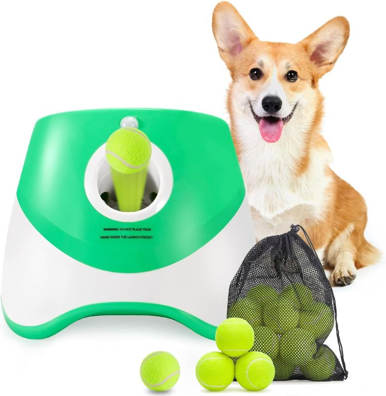 Photo 1 of Automatic Dog Ball Launcher, Dog Ball Thrower with 15 Mini Tennis Balls Sizing 2 Inch and Mesh Bag, Interactive Dog Toys Tennis Ball Launcher for Small Dogs with 3 Distance Settings