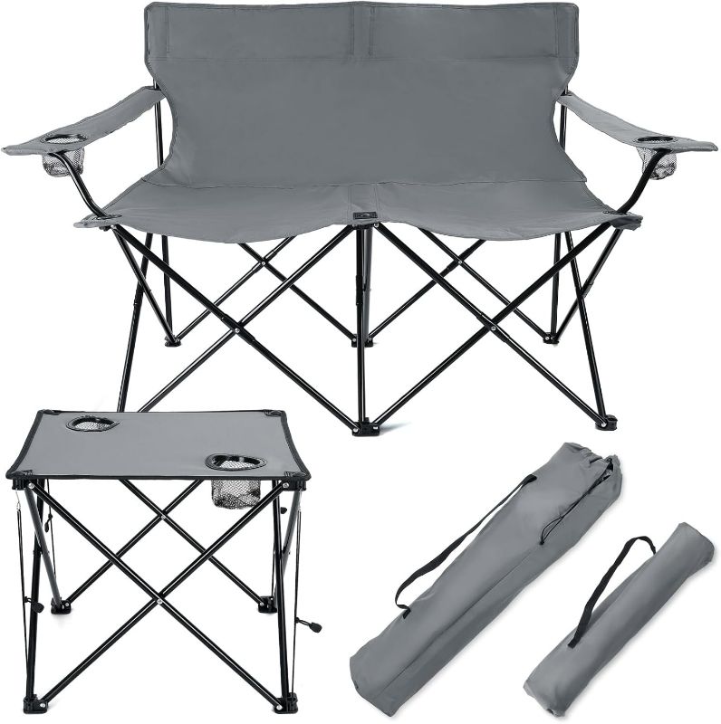 Photo 1 of HaSteeL loveseat Camping Chair, Grey Double-Seat Beach Chair with Armrests, Grey Square Fold Up Lightweight Table for Backyard BBQ Fishing Indoor, Portable Chair & Table with Cup Holder, Oxford Fabric