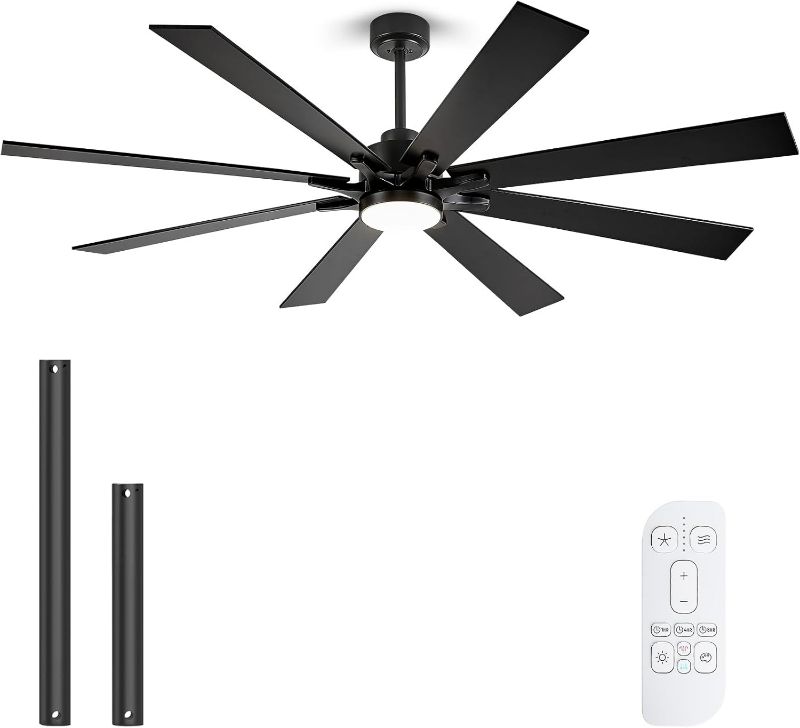 Photo 1 of 72 Inch Ceiling Fan with Lights, Large Outdoor Ceiling Fans with Light, Black Industrial Ceiling Fan 8 Blades for Great Room, Large Living Room Patio Farmhouse Damp Rated, Quiet Reversible DC Motor
