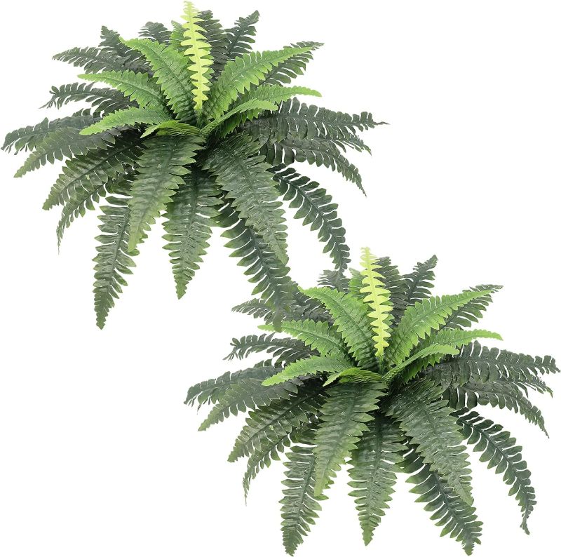 Photo 1 of Artificial Ferns for Outdoors, Set of 2 Bouquets 33" Diam Large Fake Ferns Faux Boston Fern Bush Plant for Indoors Home Garden Porch Windowsill Entrance Farmhouse Decor Arrangement