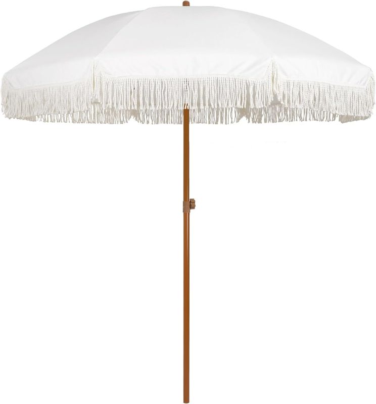 Photo 1 of AMMSUN 7ft Patio Umbrella with Fringe Outdoor Tassel Umbrella UPF50+ Premium Steel Pole and Ribs Push Button Tilt, White Cream