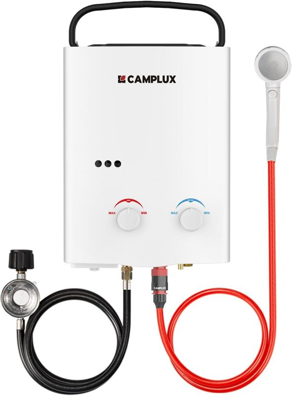 Photo 1 of CAMPLUX Tankless Water Heater Outdoor, 1.32 GPM Portable Propane Camping Water Heater, 5L, AY132, White