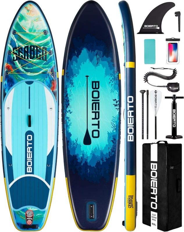 Photo 1 of Inflatable Stand Up Paddle Board 10'8“*34"/11'*33" Extra Wide Paddle Boards for Adults, SUP with Premium Accessories & Nylon Backpack, Adjustable Paddle, Hand Pump, Bottom Fin, Leash