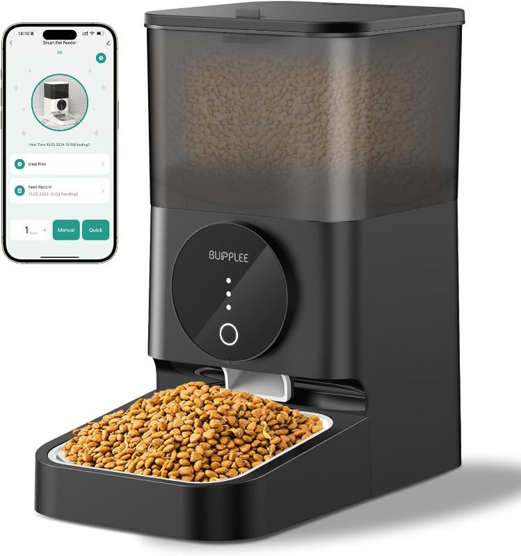 Photo 1 of Automatic Cat Feeder, 4L Timed Cat Feeder 1-10 Meals Smart Small Breed Dog Food Feeder Dispenser Indoor Outdoor, 2.4Ghz WiFi/Dual Power/Stainless Steel Food Bowl/Anti-Blockage Auto Pet Feeder (Black)