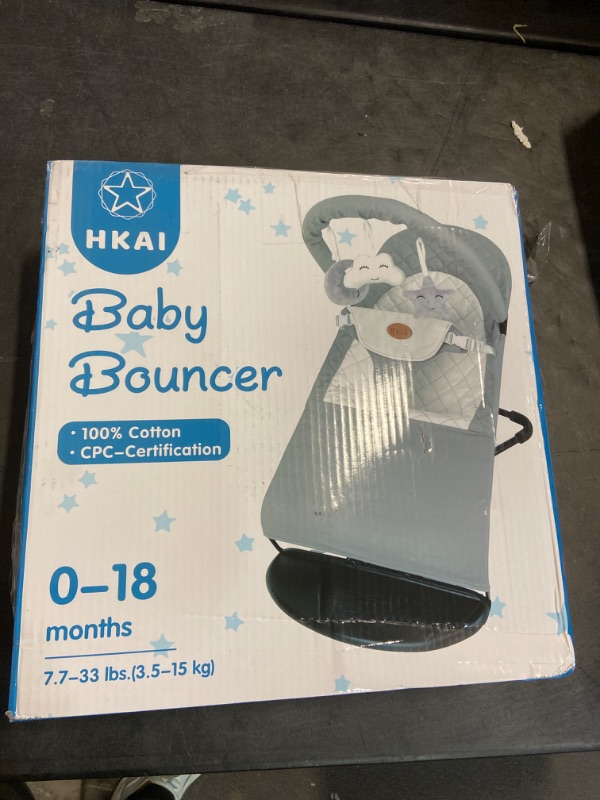 Photo 3 of HKAI Baby Bouncer, Portable Baby Bouncer Seat for Babies 0-18 Months, 100% Cotton Fabrics, 3 Modes of use with Rocker and Stationary Options, Infant Rocker Chair with Hanging Toys-Light Grey