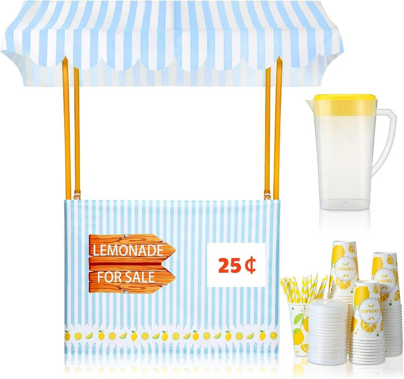 Photo 1 of 53 Sets Lemonade Stand for Supplies Include 47 x 51 Lemonade Stand Table Cover 50 Sets Disposable Lemonade Cups with Lids and Straws 3L Lemonade Pitcher for Party (Stand Included)