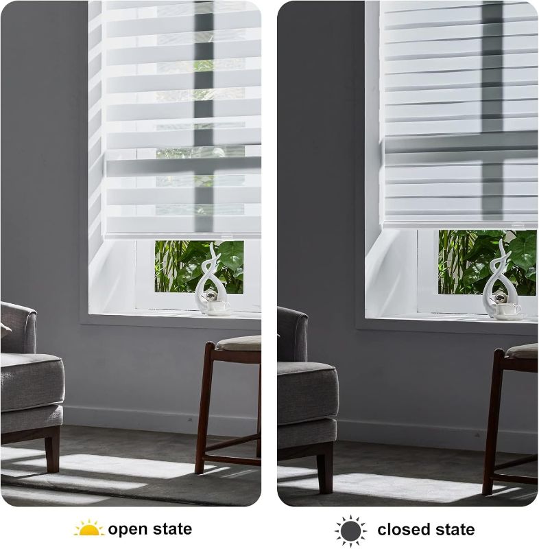 Photo 2 of Persilux Cordless Zebra Blinds for Windows, Roller Shades for Windows (34.5" W x 64" H, White) Dual Layer Fabric for Day and Night,Room Darkening Shades for Home, Office, Bedroom and Living Room