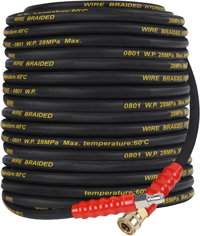 Photo 1 of Biswing Pressure Washer Hose 50FT with 3/8 Inch Quick Connect, High Tensile Wire Braided Power Washer Hose, Kink Proof Extension Hose for Cars Floors Swimming Pool Washing, 4000 PSI