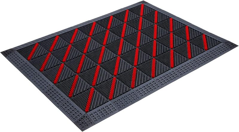 Photo 1 of Doormat Outdoor Entrance Interlocking Heavy Duty Door Mat Nylon Brush Anti Slip Modular Tiles Heavy Duty Rubber Fingertip Brush with Boot Scraper All Weather 47.2'' x 35.4'' Red Gray