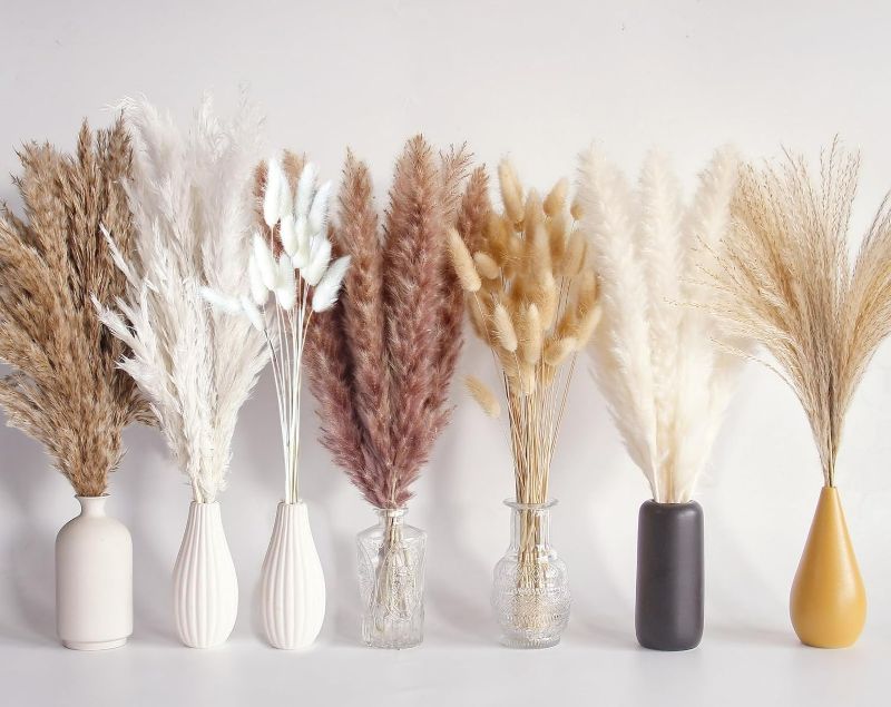 Photo 1 of 125 PCS Dried Pampas Grass Bouquet, Boho Table Decor, Bunny Tails Dried Flowers, Brown Pampas, White Pampas Grass for Weddings, Home Decor, Rustic Parties, and Baby Shower Decorations