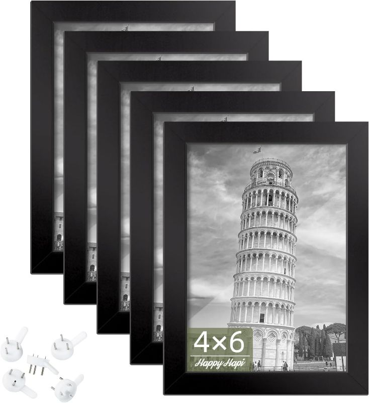 Photo 1 of HappyHapi 4x6 Picture Frame Set of 5, Photo Frames for 4x6 Pictures Wall Gallery Black 4x6 Frames Tabletop or Wall Mount Display for Prints, Photos, Paintings, Landscape and Kids Artwork (Black)