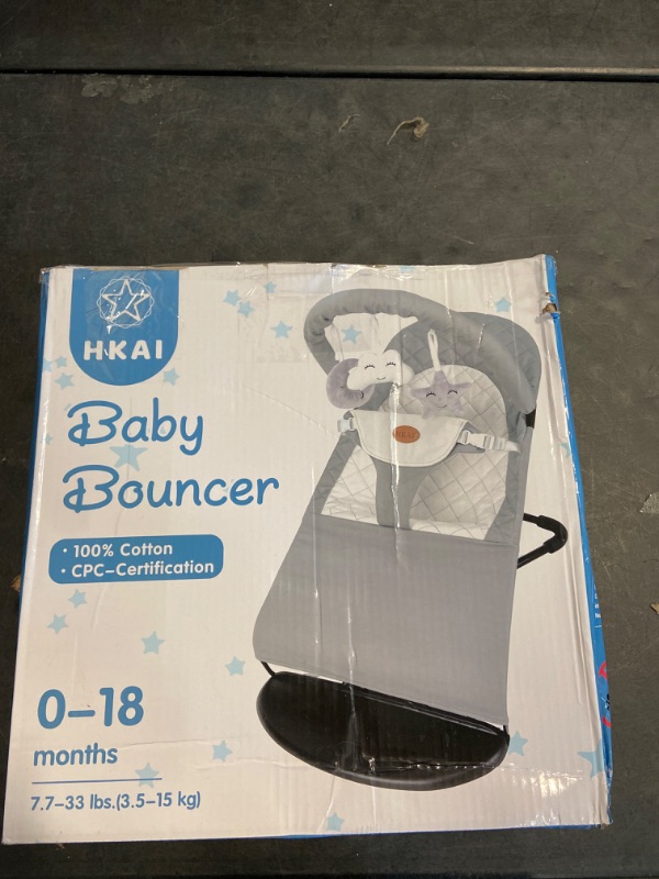 Photo 3 of HKAI Baby Bouncer, Portable Baby Bouncer Seat for Babies 0-18 Months, 100% Cotton Fabrics, 3 Modes of use with Rocker and Stationary Options, Infant Rocker Chair with Hanging Toys-Light Grey