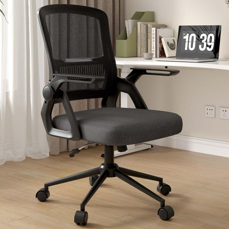 Photo 1 of naspaluro Office Computer Desk Chair Ergonomic Mesh Flip-Up Arms Comfy Chair with Mid Back Cushion Lumbar Support Adjustable Height Tilt Swivel Chair for Home Bedroom Study Working, Black