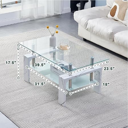 Photo 1 of Living Room Rectangle Coffee Table, Tea Table Suitable for Waiting Room, Modern Side Coffee Table with Wooden Leg, Glass Tabletop with Lower Shelf, Marble