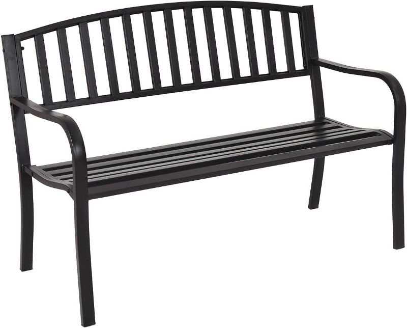 Photo 1 of Giantex Outdoor Bench, 50” Patio Garden Bench with Steel Frame, Slat Design, 500 Lbs Weight Capacity, Patio Seating Bench for Porch, Backyard, Poolside, Outside Decor Furniture, Park Loveseat, Black