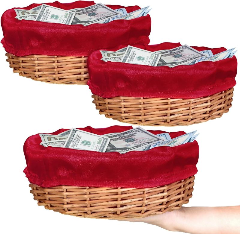 Photo 1 of Hushee 3 Pack 9.1 Inch Round Offering Baskets for Church Wicker Offering Basket with Removable Liner Church Rattan Basket Bowls Wicker Woven Bread Basket for Church Receiving Gift(Red Liner)