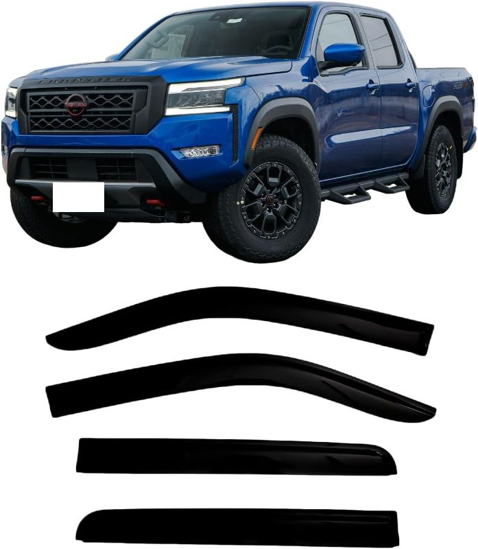 Photo 1 of 2022-2025 Tape-On Side Window Visor Deflectors for Nissan Frontier Crew Cab Rain Guards S SV Midnight PRO-X Long Bed Smoke Tinted Protectors 2023 2024