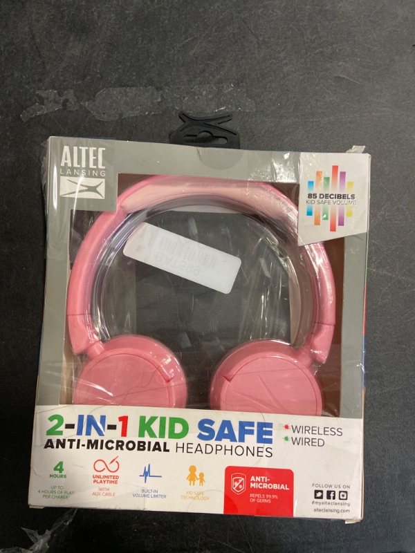 Photo 2 of Altec Lansing Kid Safe 2-in-1 Bluetooth and Wired Headphones, Noise Cancelling, Volume Control, Wireless, Foldable Design (Pink)