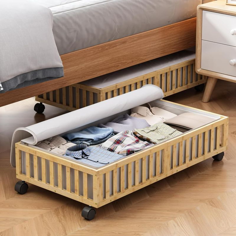 Photo 1 of Bamboo Under Bed Storage Containers with Wheels, 2 Pack Under the Bed Shoe Storage Bins, Large Wood Rolling Underbed Drawers with Bag Organizer for Bedroom, Sheet Clothes Comforter, Under Crib Storage