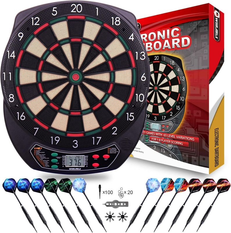 Photo 1 of WIN.MAX Electronic Dart Board Soft Tip Dartboard Set LCD Display with 12 Darts 100 Tips Power Adapter