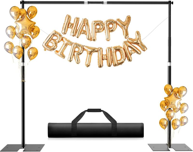 Photo 1 of Heavy Duty Backdrop Stand, 8.5ft x 10ft Pipe and Drape Backdrop Stand Kit with Metal Flat Base, Adjustable Background Support System for Wedding Party Birthday Photoshoot Decoration