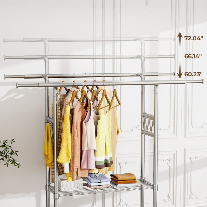 Photo 1 of Clothes Garment Rack, Rolling Heavy Duty Clothes Rack With Shelves & Wheels Load 650 LBS, Double Rod Clothing Racks for Hanging Clothes, Portable Adjustable Clothing