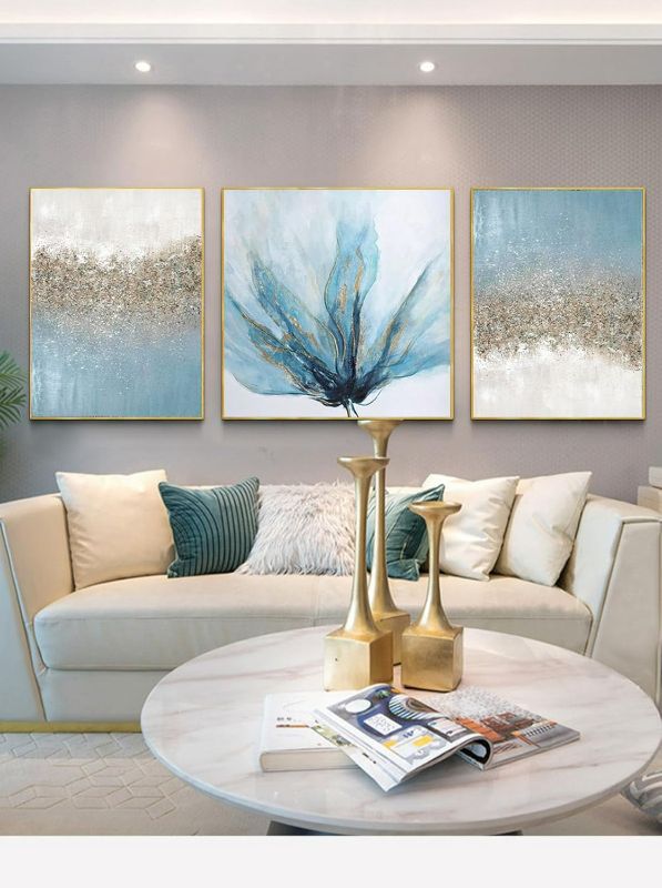 Photo 1 of 3 PCS Blue Floral Canvas Wall Art for Bedroom, Hand-Painted Abstract Oil Painting for Living Room,Large Framed Artwork Picture for Office Wall Decor Home Decoration 28x68 inches