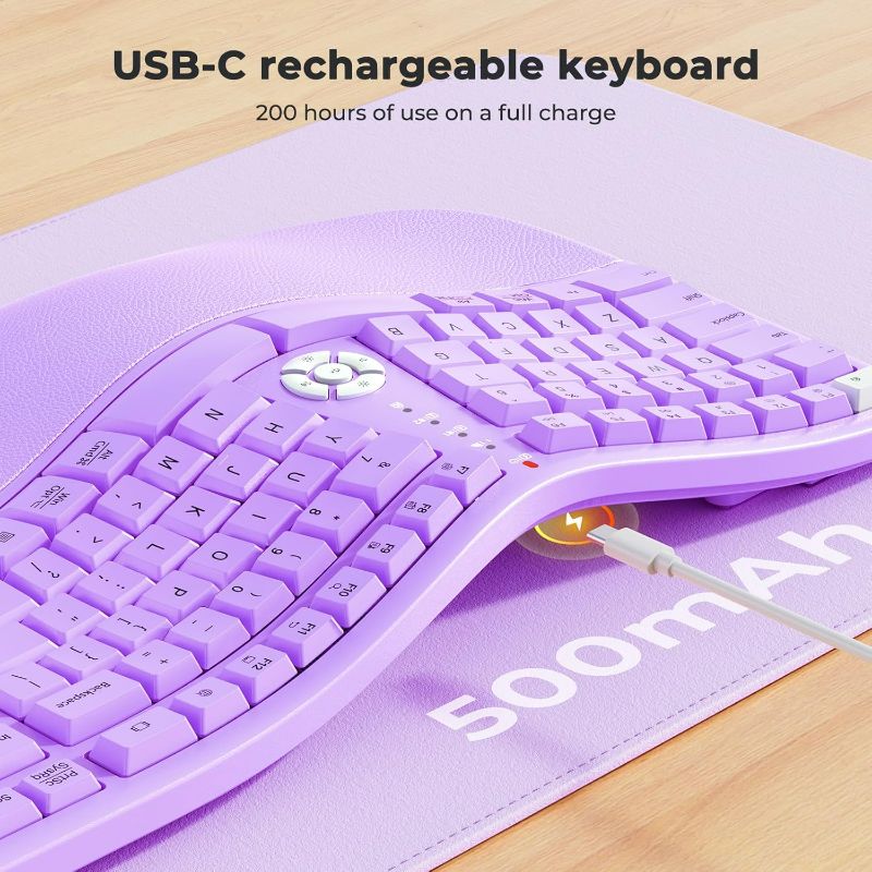 Photo 1 of MEETION New Ergonomic Keyboard, Split Bluetooth Wireless Keyboard with Cushioned Wrist, Palm Rest, Curved, Natural Typing Full Size Rechargeable Keyboard with USB-C Adapter Pink 