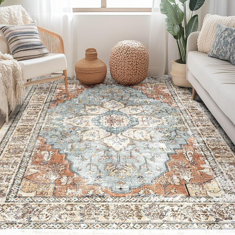 Photo 1 of BESTSWEETIE Area Rug 5x7 Rugs for Living Room 5 x 7 Washable Rugs Non Slip Vintage Boho Living Room Rugs for Bedroom Dining Room, Distressed Floral Pattern Carpet, Green Brick Rust Red