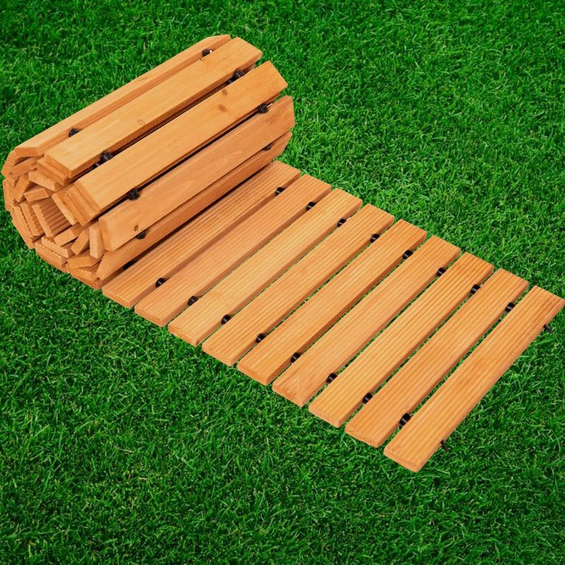 Photo 1 of 12FT Garden Pathway Roll Out Wooden Garden Pathway, Straight Cedar Garden Walkway for Outdoor Patio/Backyard/Beach/Wedding Party, Anti-Slip Roll Out Walkway Path Outdoor (12' L x 17" W)